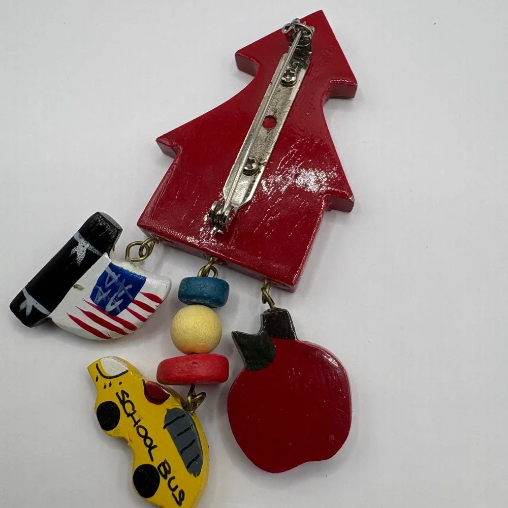 Vtg 90s Teacher Brooch Hand Painted Wooden Schoolhouse Apple Bus Folk Art Pin